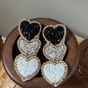Elegant Black and White Beaded Valentine’s Day 
Heart Earrings